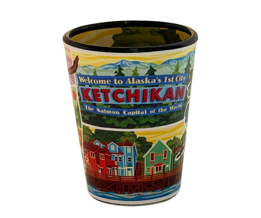 Decorative shot glass with Ketchikan, Alaska design on a white background
