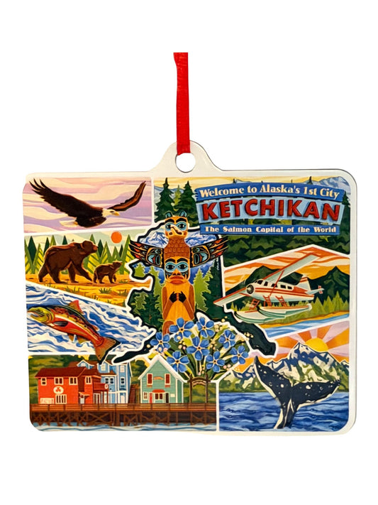 Decorative ornament with Ketchikan, Alaska-themed artwork featuring nature and city elements.