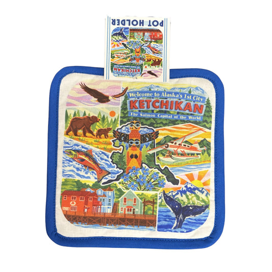 Potholder Featuring a totem pole and other Ketchikan themed designs