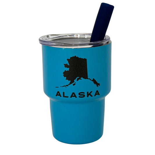 Mini blue shot glass with alaska map & text