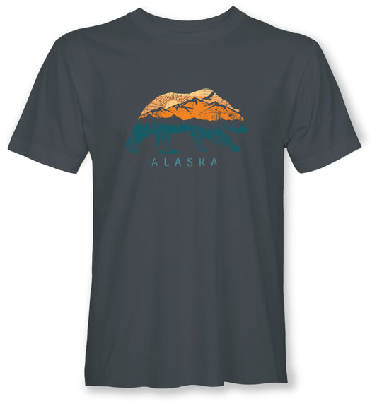 Gray t-shirt with orange and blue bear graphic design on a white background