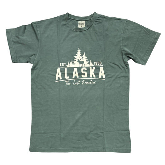 Green t-shirt with 'Alaska The Last Frontier' text and graphic on a white background