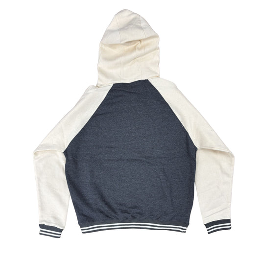 Hoodie with white sleeves and gray body on a white background