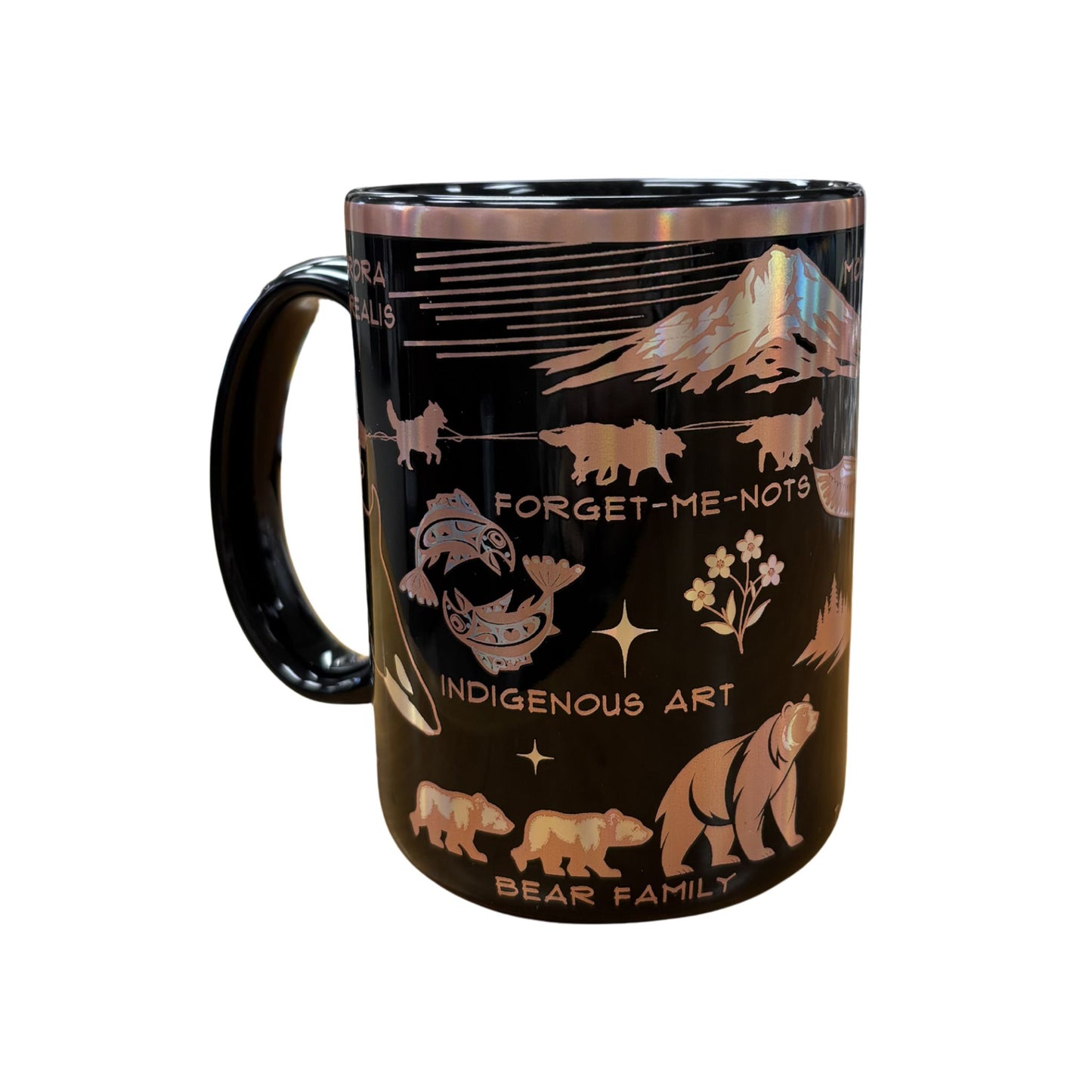 Black mug with bear and floral designs
