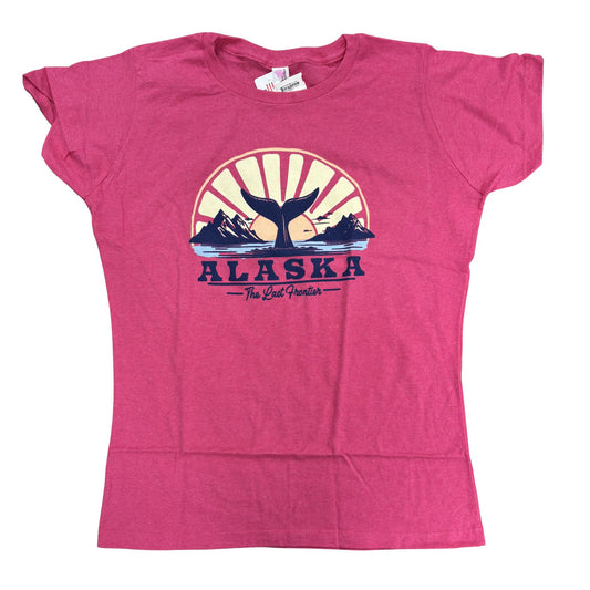 Pink t-shirt with Alaska graphic design on a white background