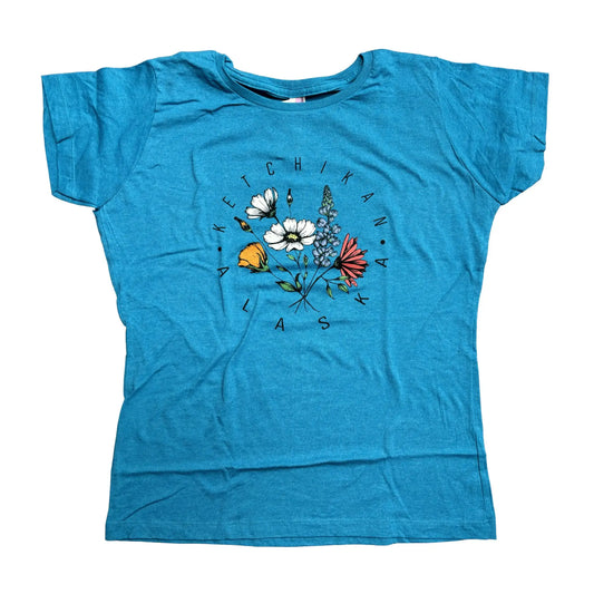 Blue t-shirt with floral design and text on a white background