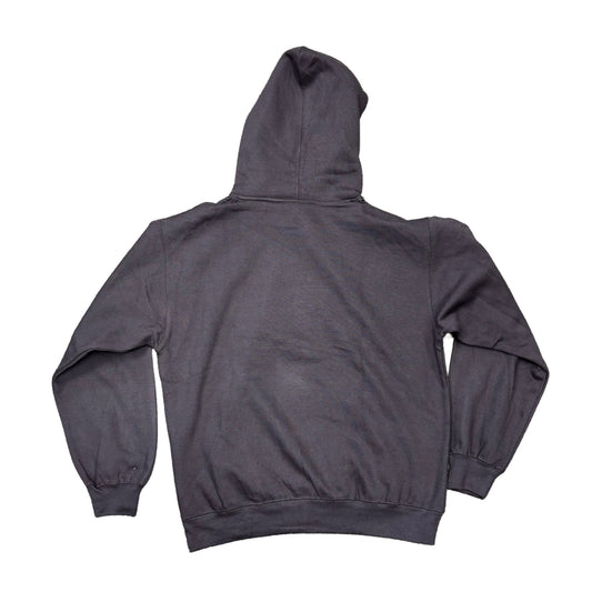 Back view of a black hoodie on a white background