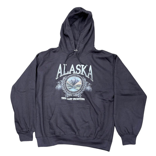 Black hoodie with 'Alaska' and mountain graphic on a white background