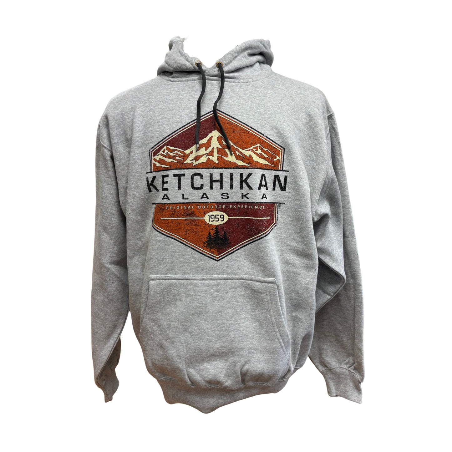 Gray hoodie with Ketchikan, Alaska graphic on a white background