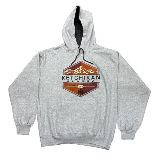 Gray hoodie with Ketchikan Alaska graphic on a white background
