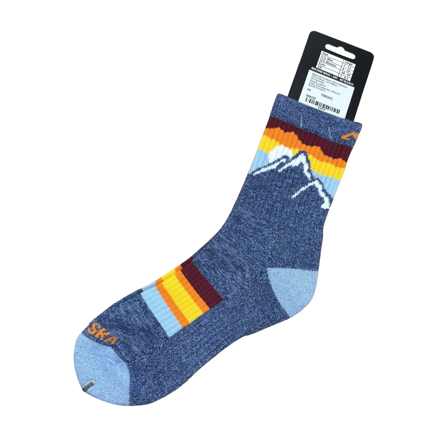 Blue sock with mountain design and colorful stripes on a white background