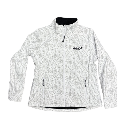 White jacket with black floral pattern on a white background