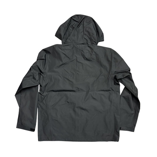 Back of black rain jacket