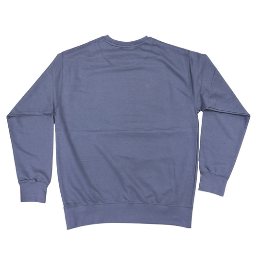 Back of blue sweatshirt on a white background