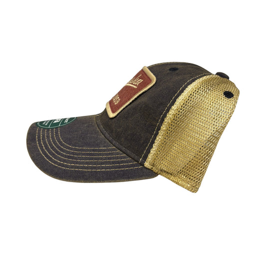 Dark cap with a gold mesh back on a white background