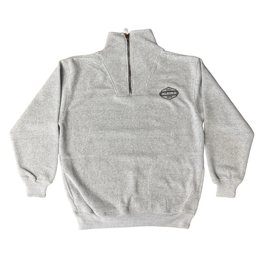 Gray half-zip sweatshirt with a logo on the chest against a white background