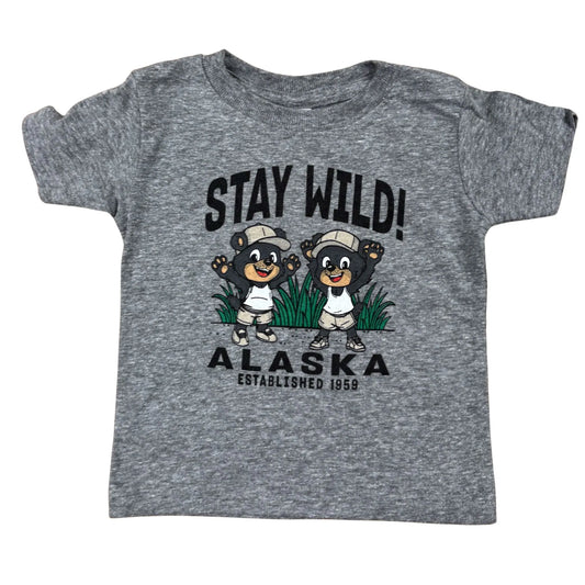Gray t-shirt with 'Stay Wild! Alaska Established 1959' design featuring cartoon bears on a white background.