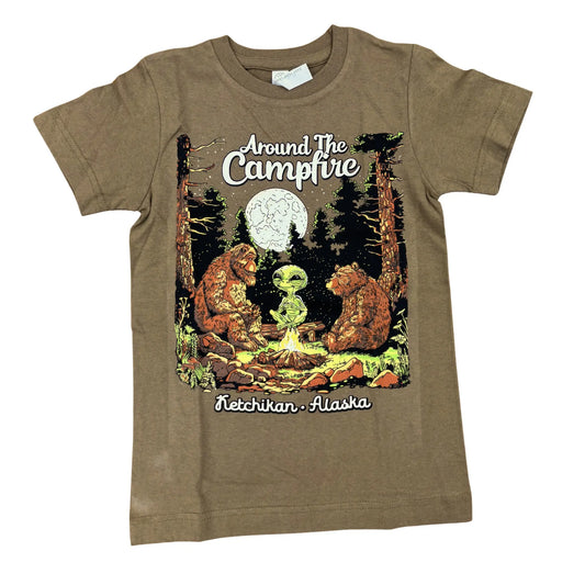 Brown t-shirt with 'Around The Campfire Ketchikan, Alaska' graphic design