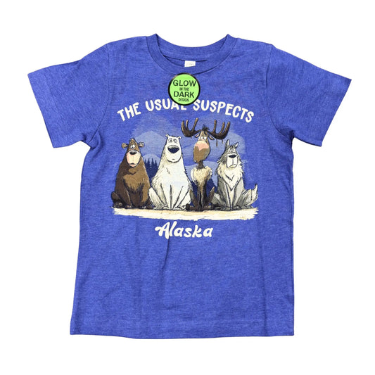 Blue t-shirt with the usual suspects text and a bear moose and wolf graphic