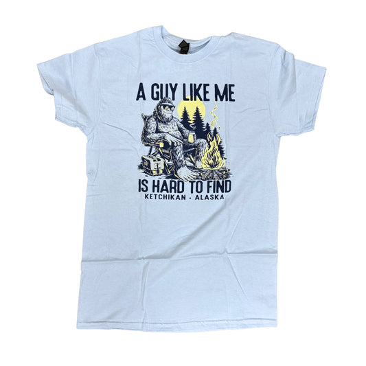 Light Blue t-shirt with "A Guy Like Me is Hard to Find" text and a sasquatch graphic.