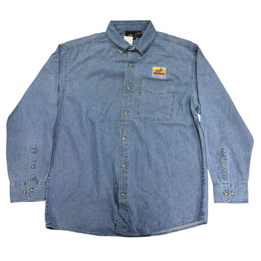 Blue denim shirt with a logo on a white background