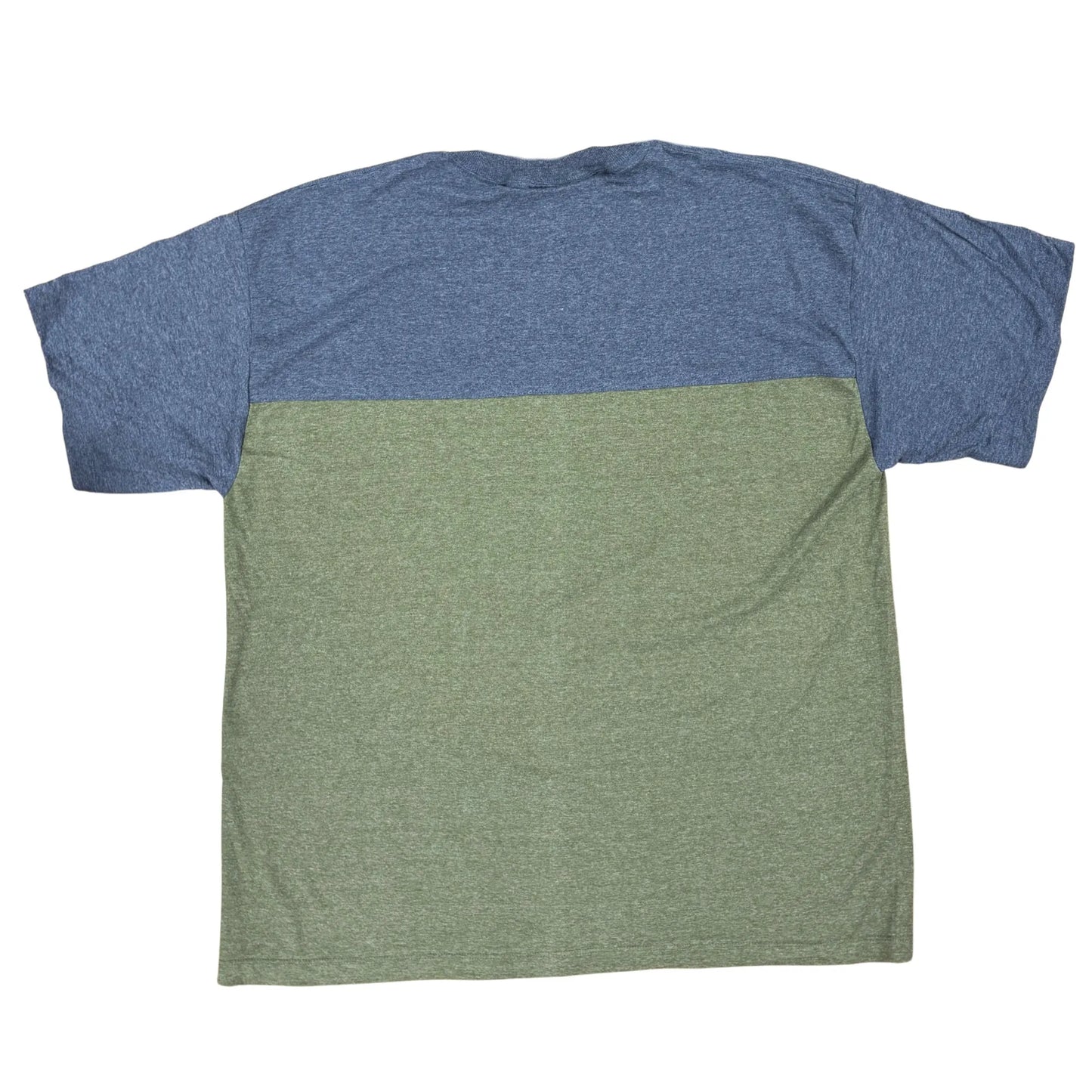 Two-tone blue and green t-shirt on a white background
