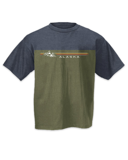 Two-tone t-shirt with a mountain design and 'Alaska' text on a white background