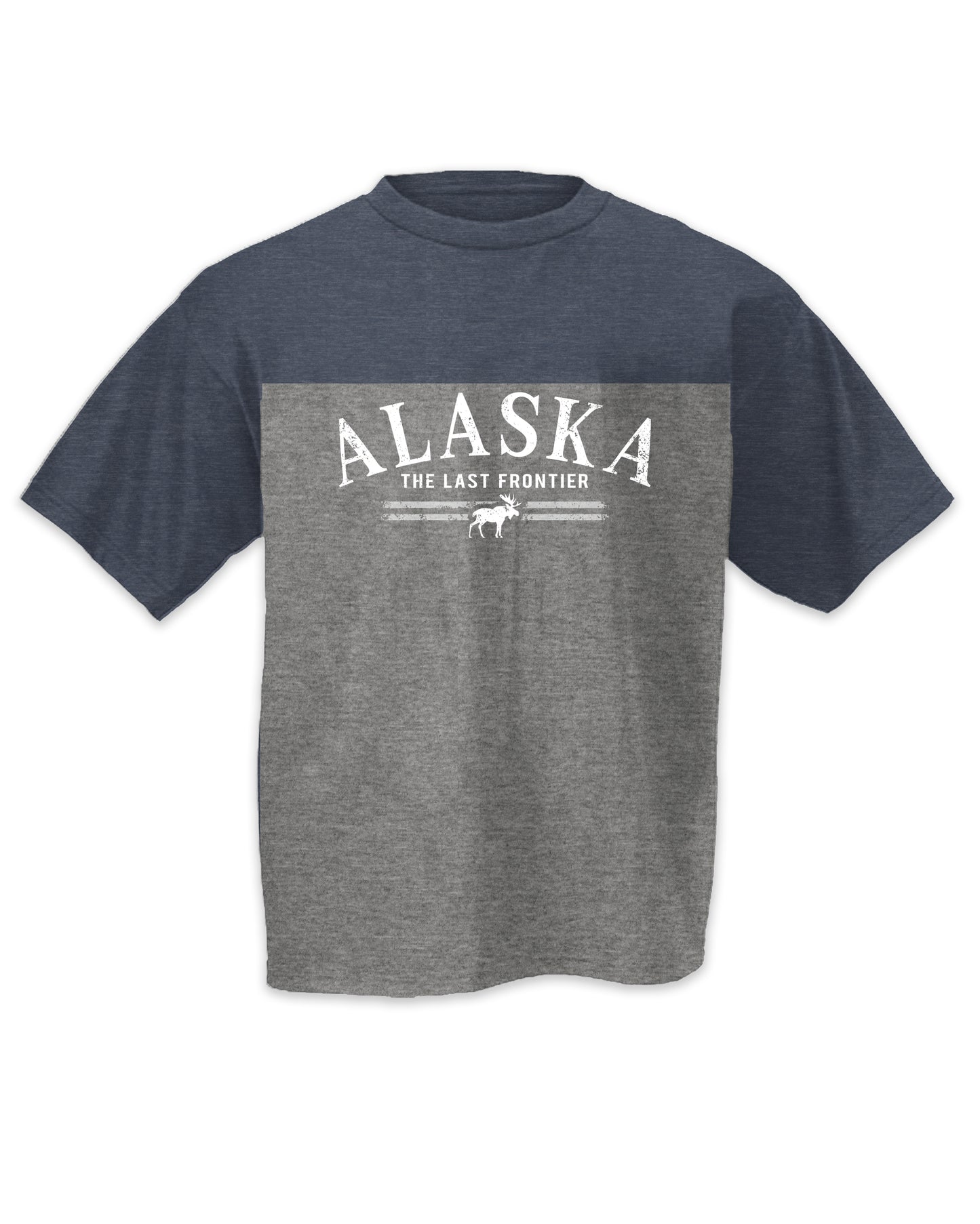 Gray t-shirt with 'Alaska The Last Frontier' text and moose graphic on a white background