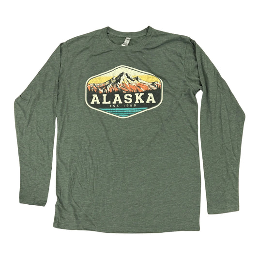 Pine Heather Green Long Sleeve Alaska Tee with Mountain Graphic