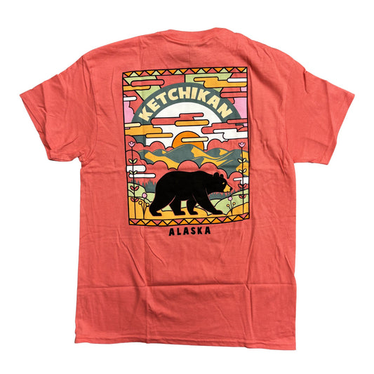 Coral shirt with a bear and landscape design with Ketchikan Alaska Text