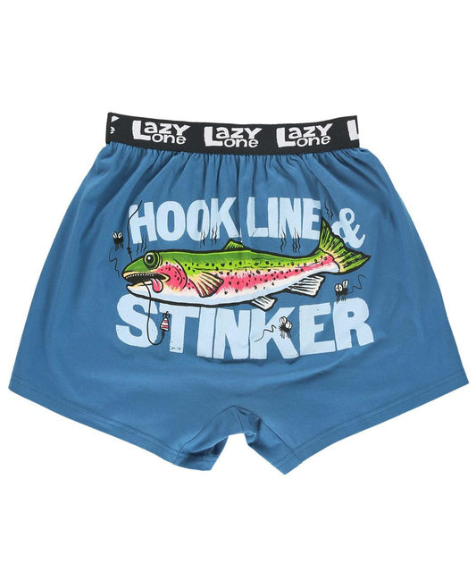 Boxers with a fish graphic and Hook line and stinker text
