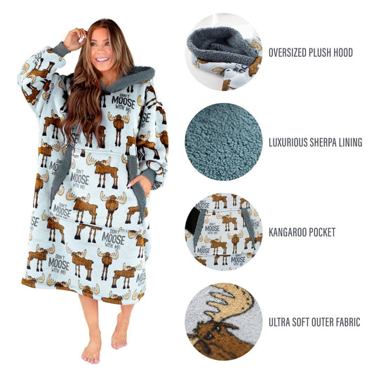 Person wearing a moose-themed hoodie with product features highlighted.