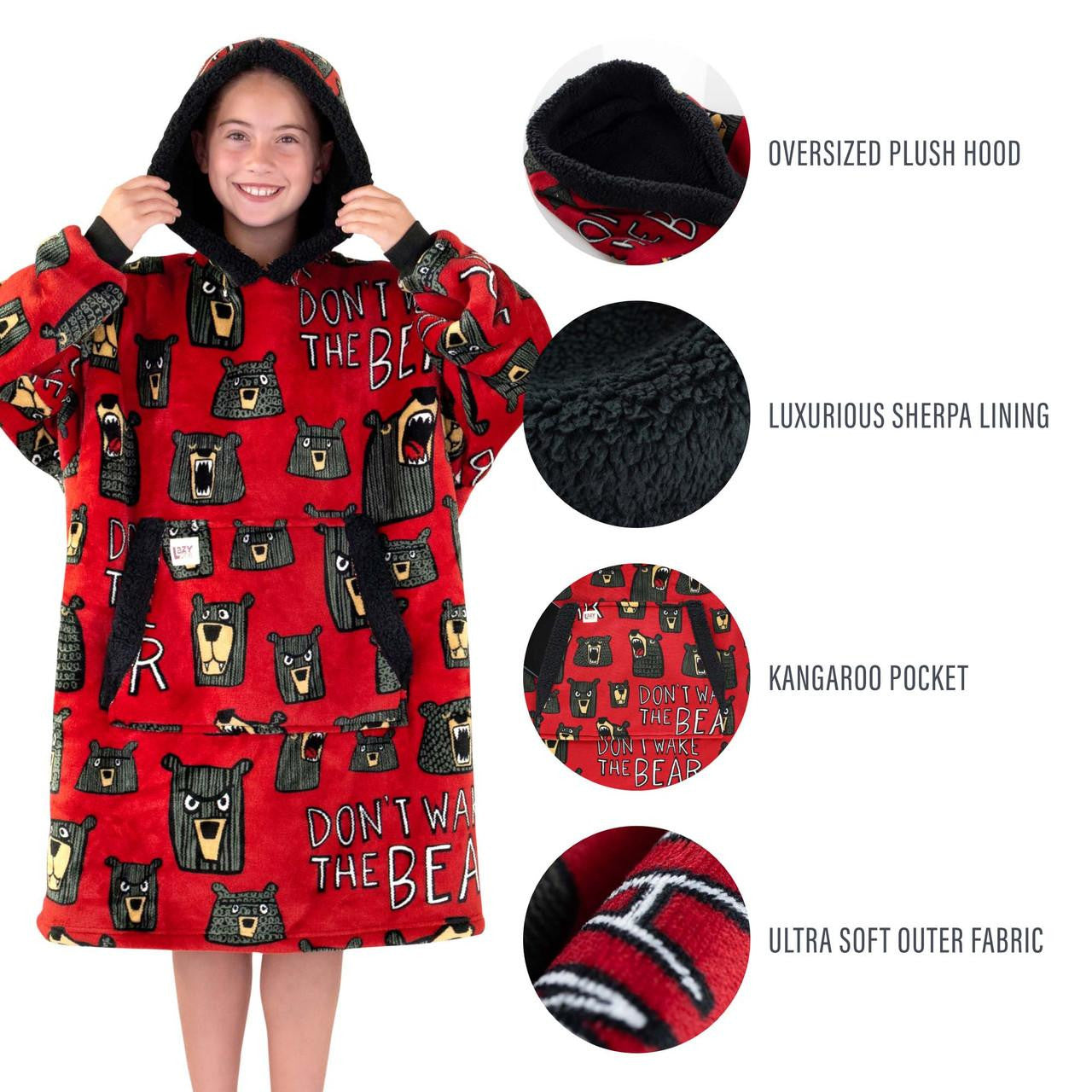 Red Blanket hoodie with bear pattern worn by a kid, featuring text "Don't Wake the Bear"