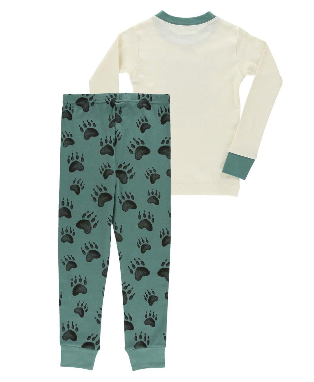 Children's pajama set with a long-sleeve top and green pants with paw prints on a white background.