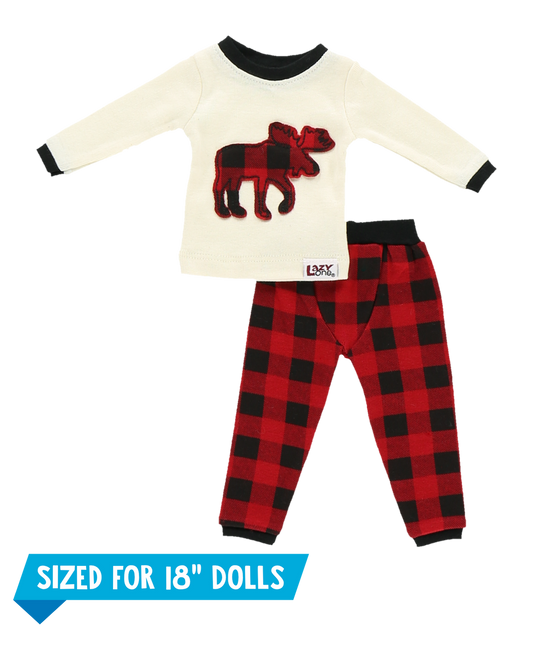 Red and black checkered outfit with a white shirt featuring a moose design, sized for 18-inch dolls.