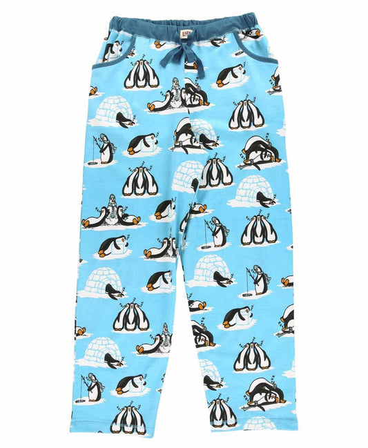 Pajama pants with penguin and igloo pattern on a blue background