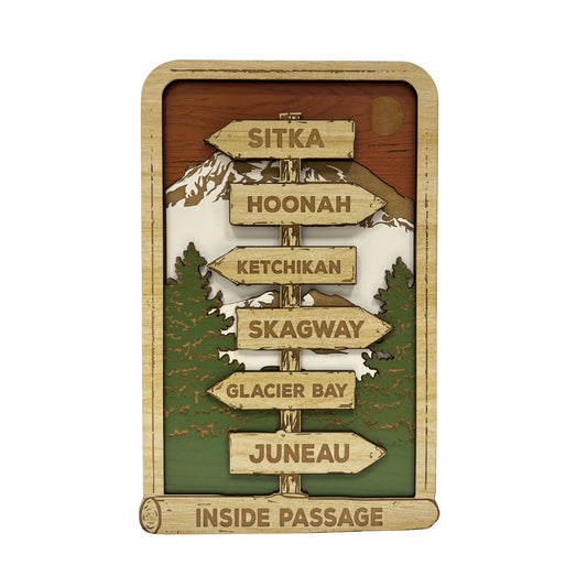 Wooden sign with directional arrows to various Alaska cities on a white background