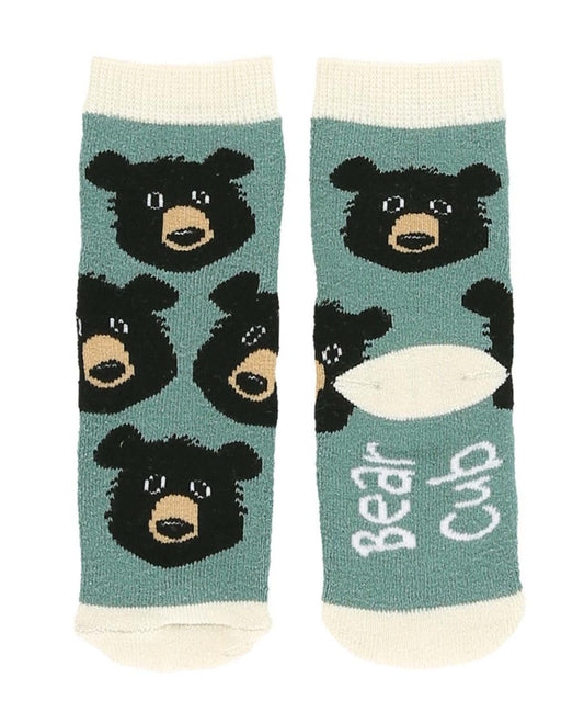 Pair of socks with bear faces and 'Bear Cub' text on a teal background