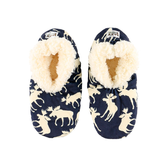 Pair of navy slippers with white moose pattern and fluffy white interior