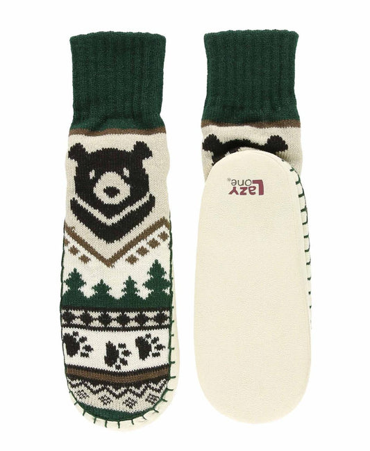 Pair of green and cream mukluks with bear design on a white background