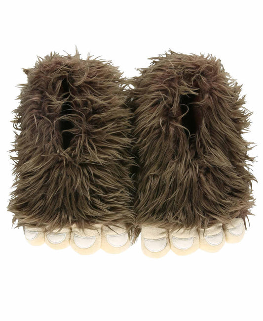 Pair of brown fuzzy bigfoot slippers on a white background