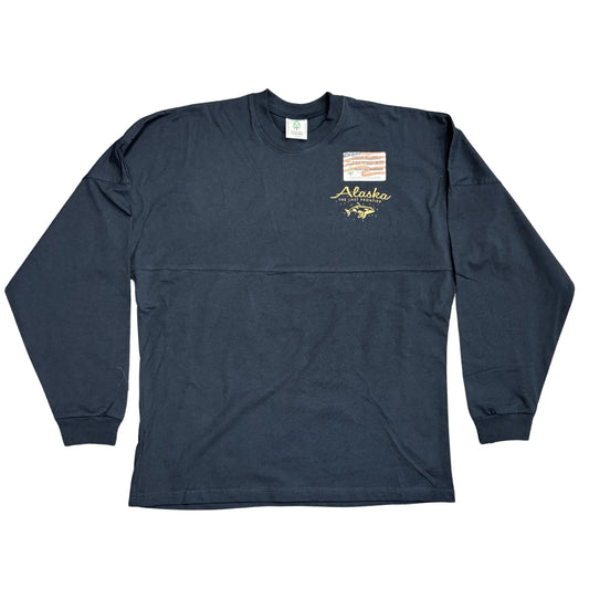 Navy long-sleeve shirt with Alaska graphic on a white background