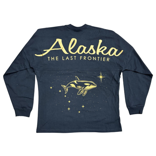 Navy long-sleeve shirt with gold 'Alaska The Last Frontier' text and orca whale design