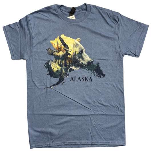 Blue t-shirt with Alaska State outline with Alaska animals