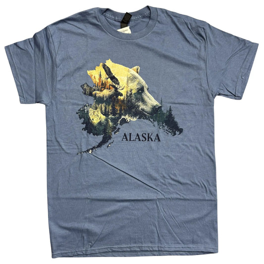 Blue t-shirt with a bear graphic and 'Alaska' text on a white background