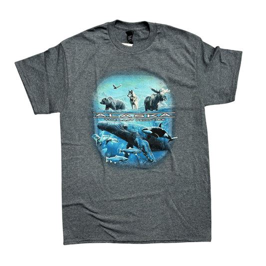 gray t-shirt with blue graphic featuring Alaska wildlife