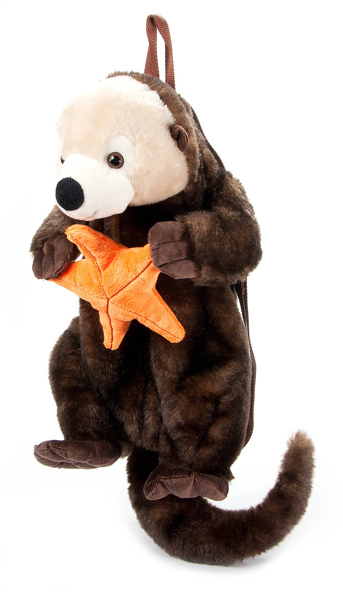 Plush otter backpack holding a starfish