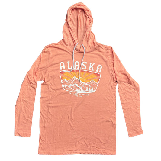 Peach-colored long sleeve hoodie with 'Alaska' and mountain graphic