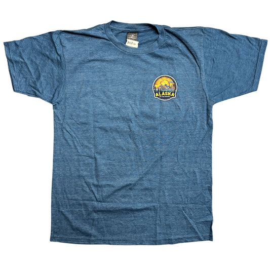 Blue t-shirt with a circular logo on a white background