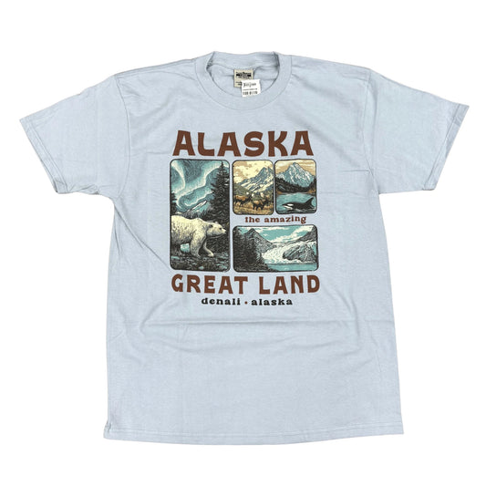 Light blue t-shirt with Alaska-themed graphic and text on a white background